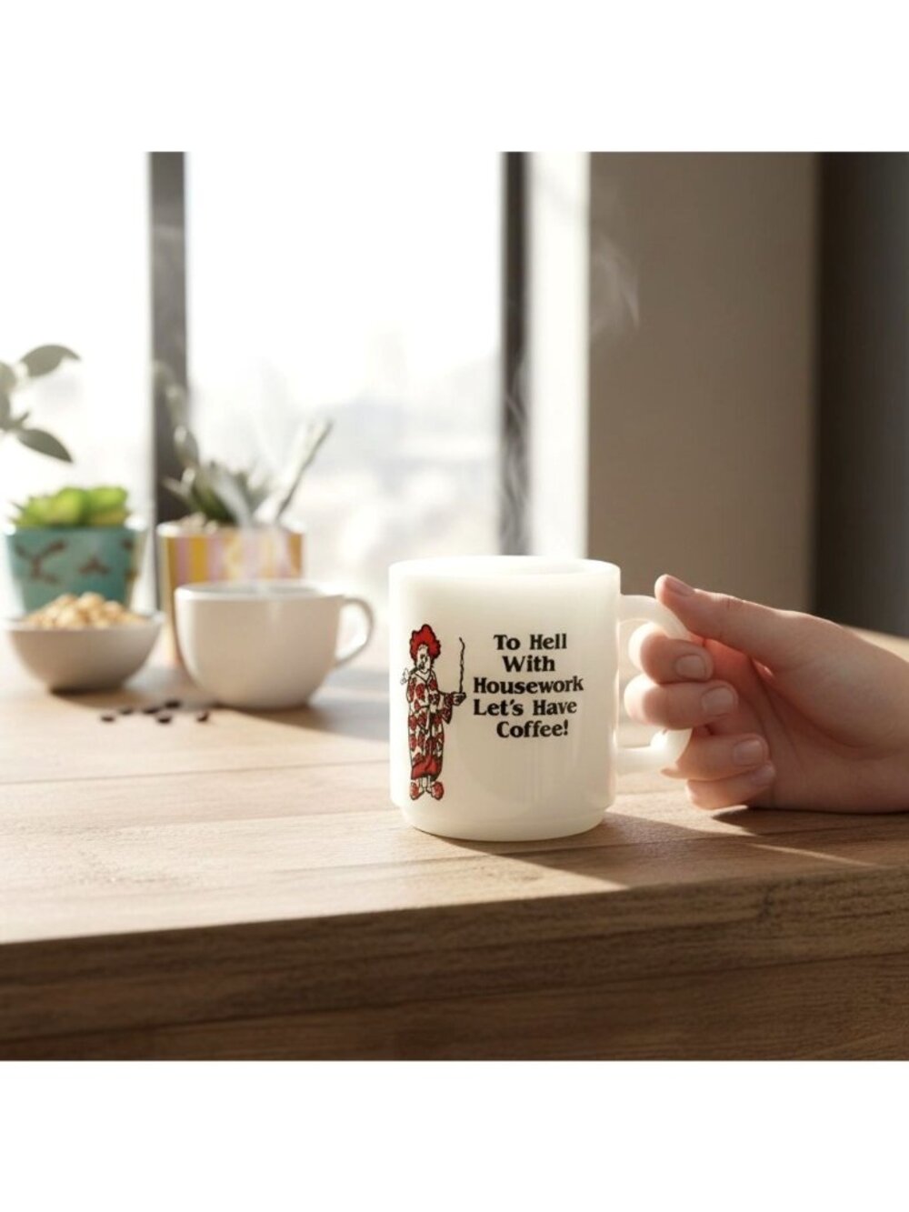 To Hell With Housework Lets Have Coffee Glasbake 1978 Milk Glass Mug